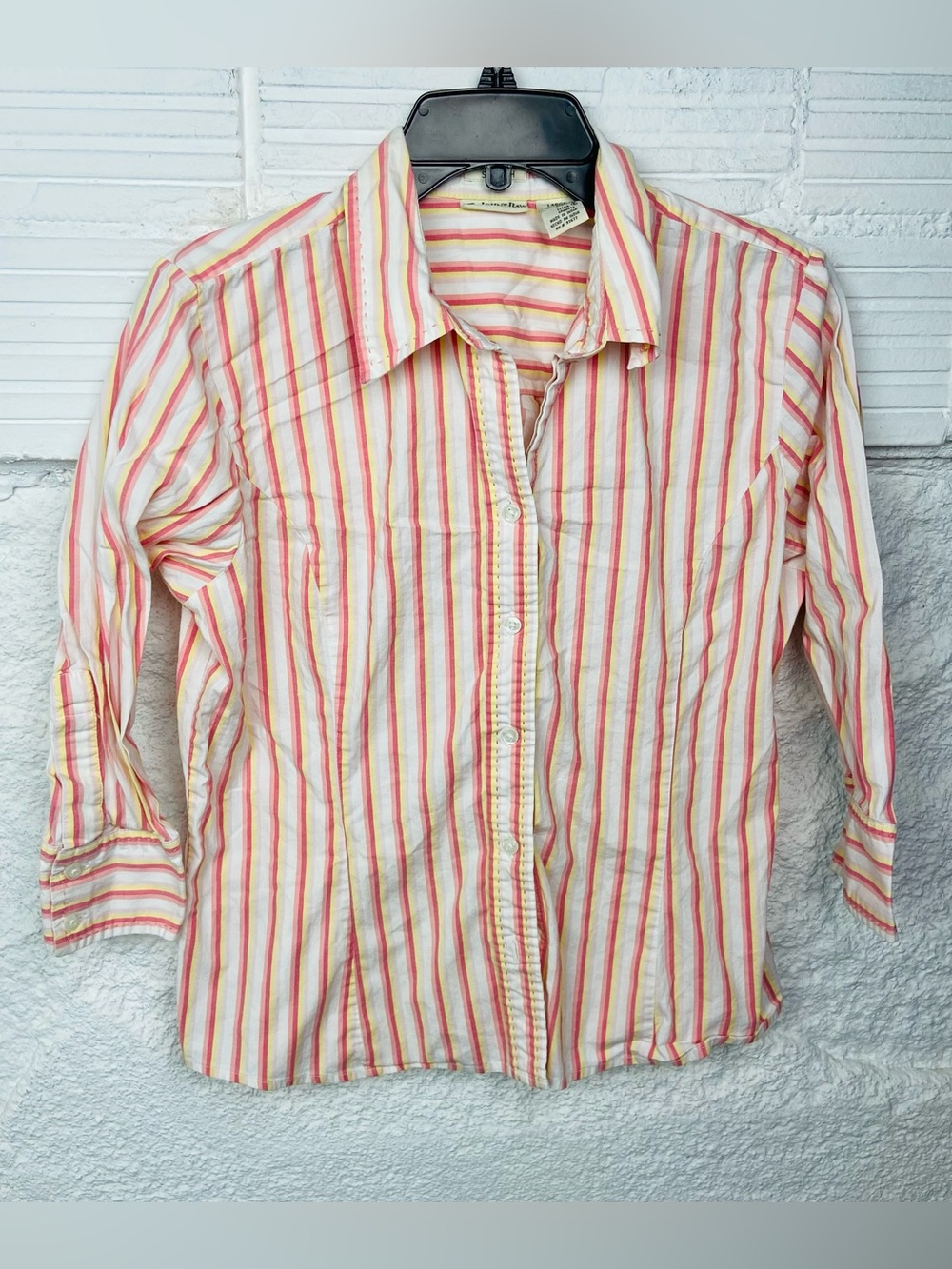 St. John's Bay Pink, Yellow & White Striped cotton stretch Button-Down Shirt L
